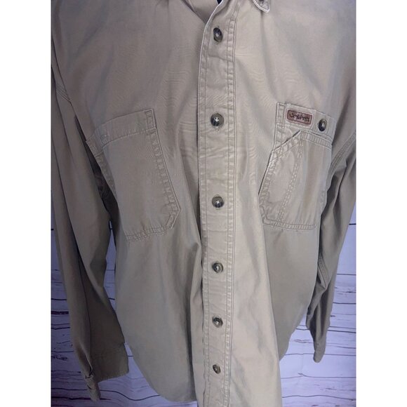 Carhartt Men Khaki Large Distressed Button-Up Shirt Cotton Long Sleeve - Picture 6 of 9
